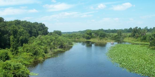 Picture of a beautiful blue sky with clouds, marshes, a river, and a small boat in the distance. 