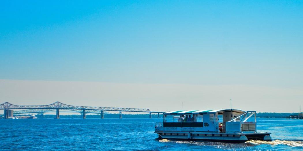 JU's state-of-the-art floating classroom, the LARKIN, is a 48-ft by 12-ft pontoon vessel fully equipped with lab stations, electrical power and space for up to 28 people.